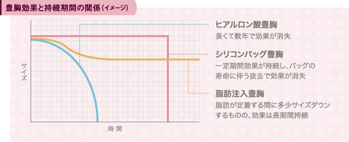 豊胸の効果と持続期間のイメージ（シリコンバッグ豊胸、ヒアルロン酸豊胸、アクアフィリング豊胸、脂肪注入豊胸）