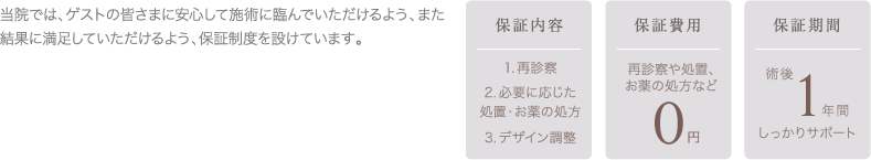 当院では、ゲストの皆さまに安心して施術に臨んでいただけるよう、また結果に満足していただけるよう、保証制度を設けています。