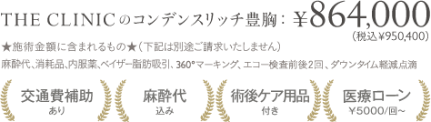 THE CLINICのコンデンスリッチ豊胸：¥864,000〜（税込¥950,400〜） ＜施術金額に含まれるもの＞（下記は別途ご請求いたしません） 麻酔代、消耗品、内服薬、ベイザー脂肪吸引、360°マーキング、エコー検査前後2回、ダウンタイム軽減点滴 | 交通費補助あり / 麻酔代込み / 術後ケア用品付き / 医療ローン¥5,000/回〜