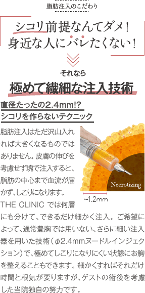 脂肪注入のこだわり | シコリなんてダメ！ 身近な人にバレたくない！ | それなら 繊細な脂肪注入 直径たったの2.4mm！？ シコリを作らないテクニック | 脂肪注入はただ沢山入れれば大きくなるものではありません。 皮膚の伸びを考慮せず塊で注入すると、脂肪の中心まで血流が届かないため、しこりになってしまいます。THE CLINIC では何層にも分けて、できるだけ細かく注入します。 ご希望によって、通常の豊胸では用いない細い注入器を用いた技術（オプション）も提供可能。細かくすればそれだけ時間と根気が要りますが、ゲストの術後の人生も考慮するからこその独自の努力です。さらに術後の乳房拡張機器の使用で、血管新生・血行促進をすれば、極めてしこりになりにくい状態にお胸を整えることができます。