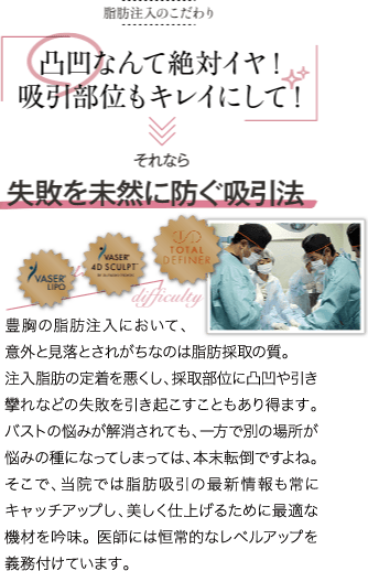 脂肪注入のこだわり | 凸凹なんて絶対イヤ！吸引部位もキレイにして！ | それなら 失敗を未然に防ぐ吸引法 | 豊胸の脂肪注入において、意外と見落とされがちなのは脂肪採取の質。取り方によっては注入脂肪の定着を悪くし、採取部位に凸凹や引き攣れなどの失敗を招きます。バストの悩みが解消されても、一方で別の場所が悩みの種になってしまっては、本末転倒ですよね。そこで、当院では脂肪吸引の最新情報も常にキャッチアップし、美しく仕上げるために最適な機材を吟味。のみならず、医師には恒常的なレベルアップを義務付けています。