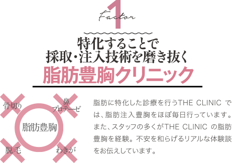 Factor 1 特化することで採取・注入技術を磨き抜く 脂肪豊胸クリニック | 脂肪に特化した診療を行うTHE CLINIC では、脂肪注入豊胸をほぼ毎日行っています。また、スタッフの多くがTHE CLINIC の脂肪豊胸を経験。 不安を和らげるリアルな体験談をお伝えしています。