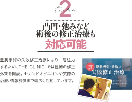 Factor 2 凸凹・弛みなど術後の修正治療も対応可能 | 近年、豊胸手術の失敗修正に関する相談が増加しています。 そのため、THE CLINIC では豊胸の修正外来を開設。 セカンドオピニオンや実際の治療、情報提供まで幅広く活動しています。