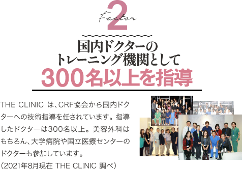 Factor 2 国内ドクターのトレーニング機関として 500名以上を指導 | THE CLINIC は、CRF協会から国内ドクターへの技術指導を任されています。 指導したドクターは500名以上。 美容外科はもちろん、大学病院や国立医療センターのドクターも参加しています。 (2025年9月現在 THE CLINIC 調べ)