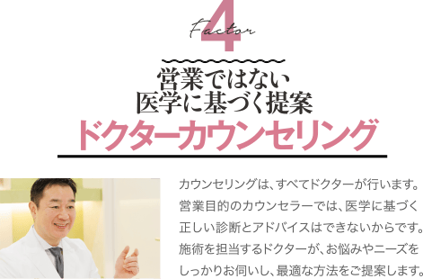 Factor 4 営業ではない医学に基づく提案 ドクターカウンセリング | カウンセリングは、すべてドクターが行います。営業目的のカウンセラーでは、医学に基づく正しい診断とアドバイスはできないからです。施術を担当するドクターが、お悩みやニーズをしっかりお伺いし、最適な方法をご提案します。