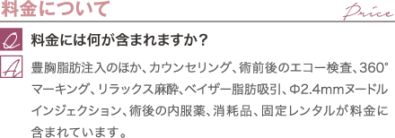 料金について | 料金には何が含まれますか? / 豊胸脂肪注入のほか、カウンセリング、術前後のエコー検査、360°マーキング、リラックス麻酔、ベイザー脂肪吸引、φ2.4mmヌードルインジェクション、術後の内服薬、消耗品、固定レンタルが料金に含まれています。