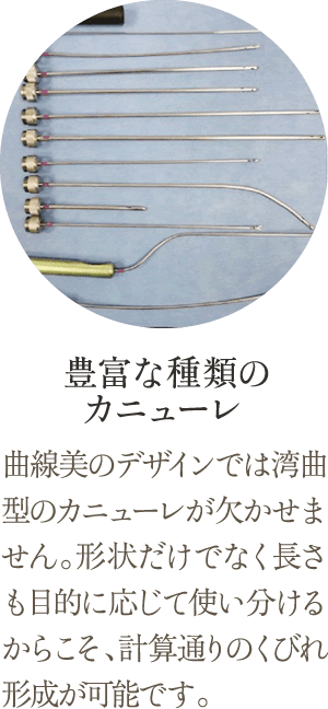 豊富な種類のカニューレ | 曲線美のデザインでは湾曲型のカニューレが欠かせません。形状だけでなく長さも目的に応じて使い分けるからこそ、計算通りのくびれ形成が可能です。