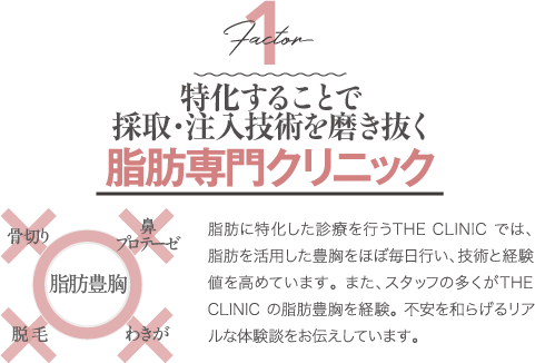 Factor 1 特化することで採取・注入技術を磨き抜く 脂肪専門クリニック | 脂肪に特化した診療を行うTHE CLINIC では、脂肪を活用した豊胸をほぼ毎日行い、技術と経験値を高めています。 また、スタッフの多くがTHE CLINIC の脂肪豊胸を経験。 不安を和らげるリアルな体験談をお伝えしています。