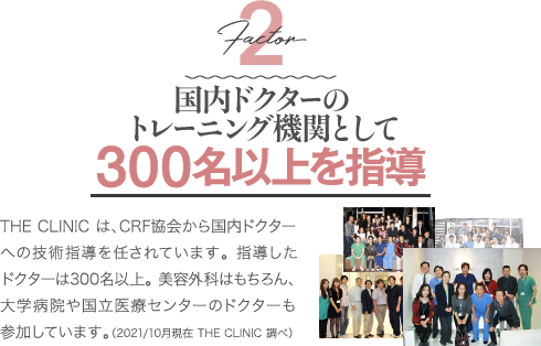 Factor 2 国内ドクターのトレーニング機関として300名以上を指導 | THE CLINIC は、CRF協会から国内ドクターへの技術指導を任されています。 指導したドクターは300名以上。 美容外科はもちろん、大学病院や国立医療センターのドクターも参加しています。(2021/10月現在 THE CLINIC 調べ)