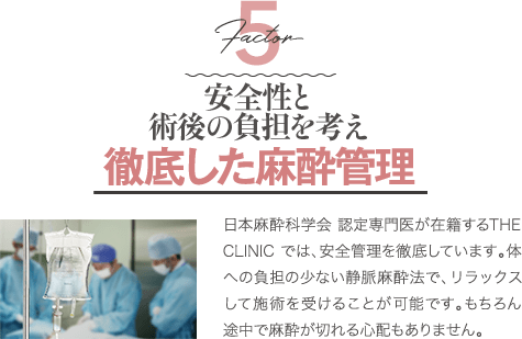 Factor 5 安全性と術後の負担を考え徹底した麻酔管理 | 日本麻酔科学会 認定専門医が在籍するTHE CLINIC では、安全管理を徹底しています。体への負担の少ない静脈麻酔法で、リラックスして施術を受けることが可能です。もちろん途中で麻酔が切れる心配もありません。