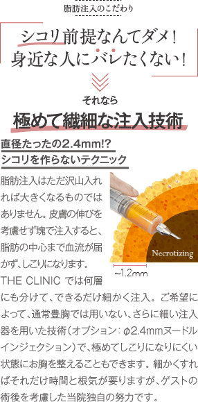 脂肪注入のこだわり | シコリなんてダメ！ 身近な人にバレたくない！ | それなら 極めて繊細な注入技術 直径たったの2.4mm！？ シコリを作らないテクニック | 脂肪注入はただ沢山入れれば大きくなるものではありません。 皮膚の伸びを考慮せず塊で注入すると、脂肪の中心まで血流が届かず、しこりになります。 THE CLINIC では何層にも分けて、できるだけ細かく注入。 ご希望によって、通常豊胸では用いない、さらに細い注入器を用いた技術（φ2.4mmヌードルインジェクション）で、極めてしこりになりにくい状態にお胸を整えることもできます。 細かくすればそれだけ時間と根気が要りますが、ゲストの術後を考慮した当院独自の努力です。