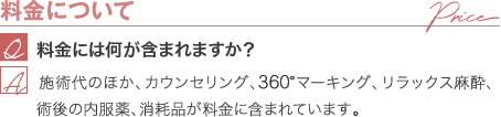 料金について | 料金には何が含まれますか? / 施術代のほか、カウンセリング、ボディデザイン、リラックス麻酔、術後の内服薬、消耗品が料金に含まれています。