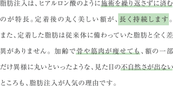 脂肪注入は、ヒアルロン酸のように施術を繰り返さずに済むのが特長。定着後の丸く美しい額が、長く持続します。また、定着した脂肪は従来体に備わっていた脂肪と全く差異がありません。加齢で骨や筋肉が痩せても、額の一部だけ異様に丸いといったような、見た目の不自然さが出ないところも、脂肪注入が人気の理由です。