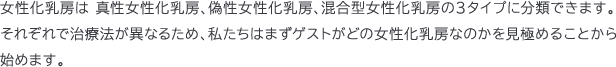 女性化乳房は真性女性化乳房、偽性女性化乳房、混合型女性化乳房の３タイプに分類できます。 それぞれで治療法が異なるため、私たちはまずゲストがどの女性化乳房なのかを見極めることから始めます。