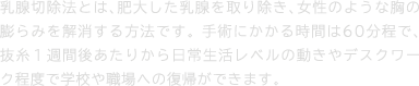 乳腺切除法とは、肥大した乳腺を取り除き、女性のような胸の膨らみを解消する方法です。 手術にかかる時間は60分程で、抜糸１週間後あたりから日常生活レベルの動きやデスクワーク程度で学校や職場への復帰ができます。