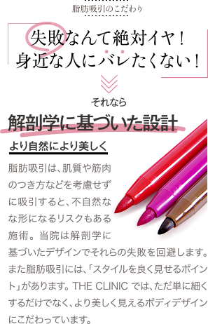 脂肪吸引のこだわり | 失敗なんて絶対イヤ! 身近な人にバレたくない! | それなら 解剖学に基づいた設計 より自然により美しく | 脂肪吸引は、肌質や筋肉のつき方などを考慮せずに吸引すると、不自然なな形になるリスクもある施術。 当院は解剖学に基づいたデザインでそれらの失敗を回避します。 また脂肪吸引には、「スタイルを良く見せるポイント」があります。 THE CLINIC では、ただ単に細くするだけでなく、より美しく見えるボディデザインにこだわっています。