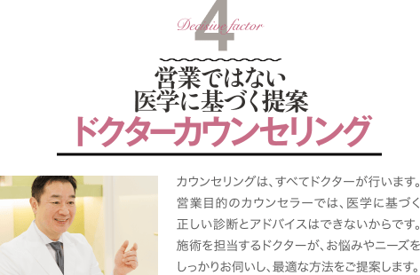 Decisive Factor 4 営業ではない 医学に基づく提案 ドクターカウンセリング | カウンセリングは、すべてドクターが行います。営業目的のカウンセラーでは、医学に基づく正しい診断とアドバイスはできないからです。施術を担当するドクターが、お悩みやニーズをしっかりお伺いし、最適な方法をご提案します。