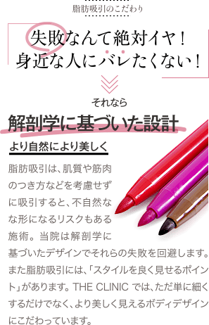 脂肪吸引のこだわり | 失敗なんて絶対イヤ！ 身近な人にバレたくない！ | それなら 解剖学に基づいた設計 より自然により美しく | 脂肪吸引は、肌質や筋肉のつき方などを考慮せずに吸引すると、不自然なな形になるリスクもある施術。 当院は解剖学に基づいたデザインでそれらの失敗を回避します。 また脂肪吸引には、「スタイルを良く見せるポイント」があります。 THE CLINIC では、ただ単に細くするだけでなく、より美しく見えるボディデザインにこだわっています。