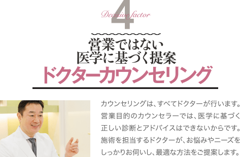 Decisive Factor 4 営業ではない 医学に基づく提案 ドクターカウンセリング | カウンセリングは、すべてドクターが行います。営業目的のカウンセラーでは、医学に基づく正しい診断とアドバイスはできないからです。施術を担当するドクターが、お悩みやニーズをしっかりお伺いし、最適な方法をご提案します。