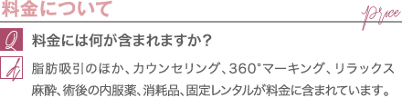 料金について | 料金には何が含まれますか？ / 脂肪吸引のほか、カウンセリング、360°マーキング、リラックス麻酔、術後の内服薬、消耗品が料金に含まれています。