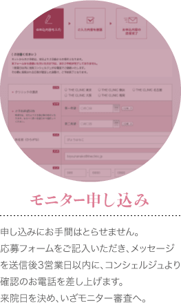 Step1 モニター申し込み : 申し込みにお手間はとらせません。応募フォームをご記入いただき、メッセージを送信後3営業日以内に、コンシェルジュより確認のお電話を差し上げます。 来院日を決め、いざモニター審査へ。