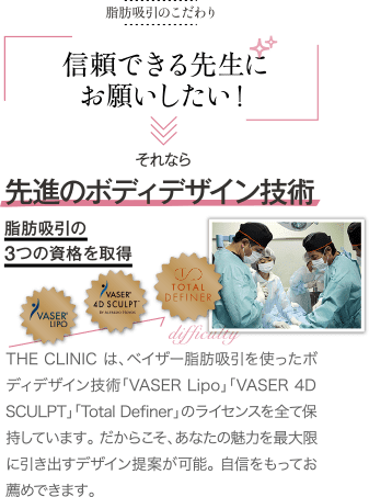 脂肪吸引のこだわり | 信頼できる先生に お願いしたい! | それなら 先進のボディデザイン技術 脂肪吸引の3つの資格を取得 | THE CLINIC は、ベイザー脂肪吸引を使ったボディデザイン技術「VASER Lipo」「VASER 4D SCULPT」「Total Definer」のライセンスを全て保持しています。だからこそ、あなたの魅力を最大限に引き出すデザイン提案が可能。自信をもってお薦めできます
