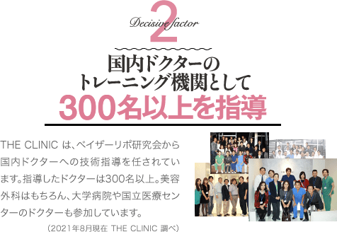 Decisive Factor 2 国内ドクターのトレーニング機関として450名以上を指導 | THE CLINIC は、ベイザーリポ研究会から国内ドクターへの技術指導を任されています。指導したドクターは450名以上。美容外科はもちろん、大学病院や国立医療センターのドクターも参加しています（2024年8月現在 THE CLINIC 調べ）。