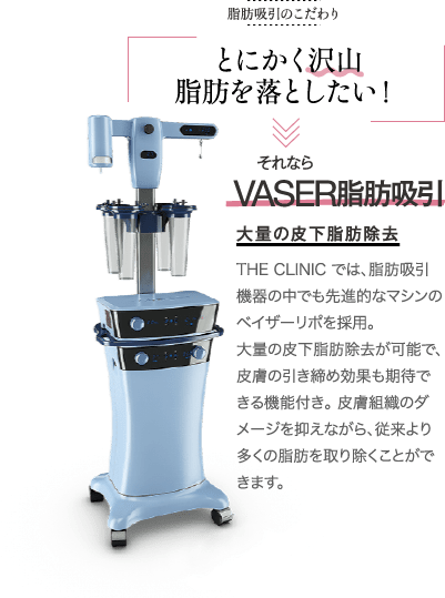 脂肪吸引のこだわり | とにかく沢山脂肪を落としたい！ | それなら VASER脂肪吸引 大量の皮下脂肪除去 | THE CLINIC では、脂肪吸引機器の中でも先進的なマシンのベイザーリポを採用。大量の皮下脂肪除去が可能で、皮膚の引き締め効果も期待できる機能付き。 皮膚組織のダメージを抑えながら、従来より多くの脂肪を取り除くことができます。