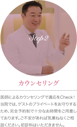 Step2 カウンセリング : 医師によるカウンセリングで適応をCheck！当院では、ゲストのプライベートをお守りするため、完全予約制で十分なお時間をご用意しております。ご不安があれば気兼ねなくご相談ください。初診料はいただきません。
