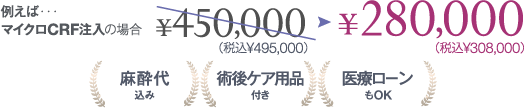例えば…経結膜脱脂のみの場合、¥310,000(税込¥341,000) | 例えば…マイクロCRFの場合、¥350,000(税込¥385,000) | 麻酔代込み/術後ケア用品付き/医療ローンもOK