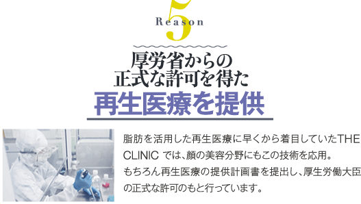 Reason 5 厚労省からの正式な認可を得た 再生医療を提供 | 脂肪を活用した再生医療に早くから着目していたTHE CLINIC では、顔の美容分野にもこの技術を応用。もちろん再生医療の提供計画書を提出し、厚生労働大臣の正式な許可のもと行っています。