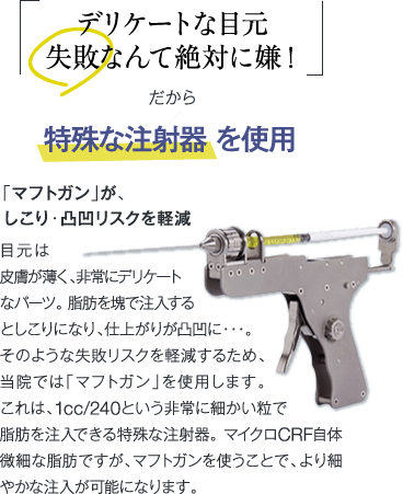デリケートな目元 失敗なんて絶対に嫌！ | だから 特殊な注射器を使用 | 「マフトガン」が、しこり・凸凹リスクを軽減 | 目元は皮膚が薄く、非常にデリケートなパーツ。脂肪を塊で注入するとしこりになり、仕上がりが凸凹に・・・。そのような失敗リスクを軽減するため、当院では「マフトガン」を使用します。 これは、1cc/240という非常に細かい粒で脂肪を注入できる特殊な注射器。 マイクロCRF自体微細な脂肪ですが、マフトガンを使うことで、より細やかな注入が可能になります。