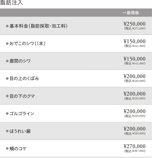 脂肪注入の料金表