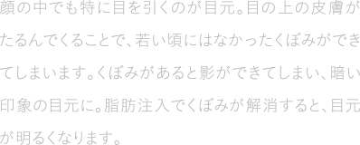 顔の中でも特に目を引くのが目元。目の上の皮膚がたるんでくることで、若い頃にはなかったくぼみができてしまいます。くぼみがあると影ができてしまい、暗い印象の目元に。脂肪注入でくぼみが解消すると、目元が明るくなります。