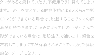 クマがあると疲れていたり、不健康そうに見えてしまいます。目の下を支えている眼窩脂肪によるふくらみで影（クマ）ができている場合は、脱脂することでクマの解消が期待できます。たるみによって目の下がへこんで影ができている場合は、脂肪注入で補います。顔色を左右してしまうクマが解消されることで、元気で健康的なイメージになります。