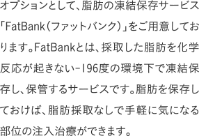 オプションとして、脂肪の凍結保存サービス「FatBank（ファットバンク）」をご用意しております。FatBankとは、採取した脂肪を化学反応が起きない-196度の環境下で凍結保存し、保管するサービスです。脂肪を保存しておけば、脂肪採取なしで手軽に気になる部位の注入治療ができます。