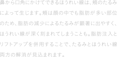 鼻から口角にかけてできるほうれい線は、頬のたるみによって生じます。頬は顔の中でも脂肪が多い部位のため、脂肪の減少によるたるみが顕著に出やすく、ほうれい線が深く刻まれてしまうことも。脂肪注入とリフトアップを併用することで、たるみとほうれい線両方の解消が見込まれます。