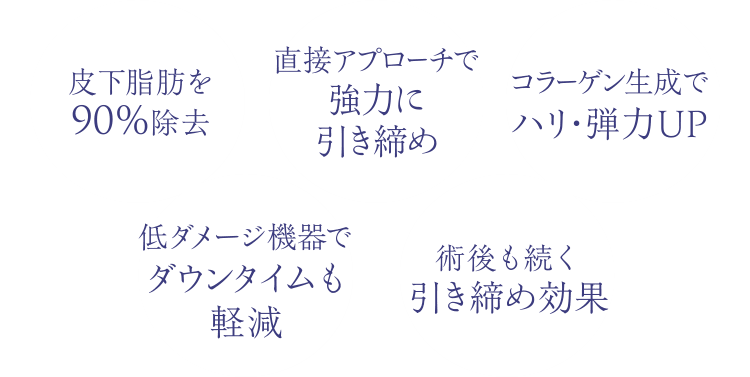 皮下脂肪を90%除去｜直接アプローチで強力に引き締め｜コラーゲン生成でハリ・弾力アップ｜低ダメージ機器でダウンタイムも軽減｜術後も続く引き締め効果