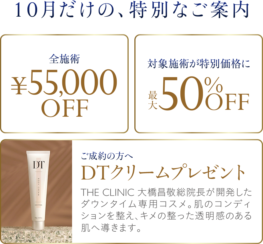 10月だけの、特別なご案内。全施術55,000円OFF。対象施術が特別価格に、最大50%OFF。ご成約の方へDTクリームプレゼント。THE CLINIC大橋昌敬総院長が開発したダウンタイム専用コスメ。肌のコンディションを整え、キメの整った透明感のある肌へ導きます。