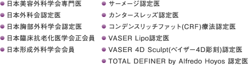 日本美容外科学会専門医,日本外科会認定医,日本胸部外科学会認定医,日本臨床抗老化医学会正会員,日本形成外科学会会員,サーメージ認定医,カンタースレッズ認定医,コンデンスリッチファット(CRF)療法認定医,VASER Lipo認定医,VASER 4D Sculpt(ベイザー4D彫刻)認定医,TOTAL DEFINER by Alfredo Hoyos 認定医