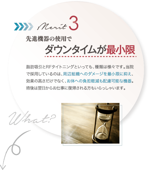 先進機器の使用でダウンタイムが最小限｜脂肪吸引とRFタイトニングといっても、種類は様々です。当院で採用しているのは、周辺組織へのダメージを最小限に抑え、効果の高さだけでなく、お体への負担軽減も配慮可能な機器。術後は翌日からお仕事に復帰される方もいらっしゃいます。