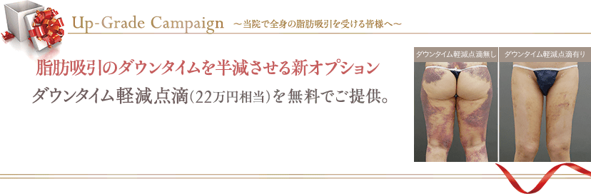 脂肪吸引のダウンタイムを半減させる新オプションダウンタイム軽減点滴（22万円相当）を無料でご提供。