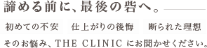 諦める前に、最後の砦へ。 仕上がりの後悔・初めての不安・断られた理想 そのお悩み、 THE CLINIC にお聞かせください。