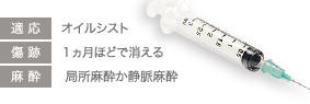 適応: オイルシスト / 傷跡: 1ヵ月ほどで消える / 麻酔: 局所麻酔か静脈麻酔