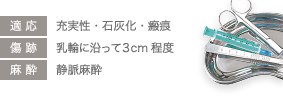 適応: 充実性・石灰化・瘢痕 / 傷跡: 乳輪に沿って3cm程度  / 麻酔: 静脈麻酔