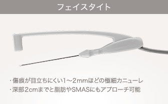 フェイスタイト：傷痕が目立ちにくい１～２mmほどの極細カニューレ／深部２cmまでと脂肪やSMASにもアプローチ可能