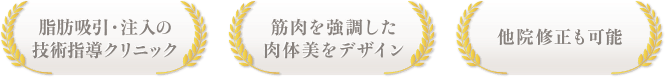 脂肪吸引・注入の技術指導クリニック/筋肉を強調した肉体美をデザイン/他院修正も可能