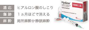 適応: ヒアルロン酸のしこり / 傷跡: １ヵ月ほどで消える / 麻酔: 局所麻酔か静脈麻酔