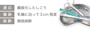 適応: 瘢痕化したしこり / 傷跡: 乳輪に沿って3cm程度 / 麻酔: 静脈麻酔