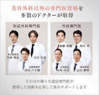 THE CLINIC には、形成外科専門医や外科専門医などの認定専門医資格を取得している医師が多数在籍している
